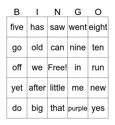 Sight Words Bingo Card
