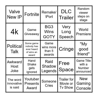 Game Awards Bingo Card