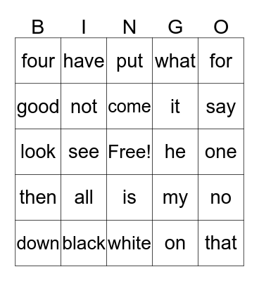 Sight Words Bingo Card