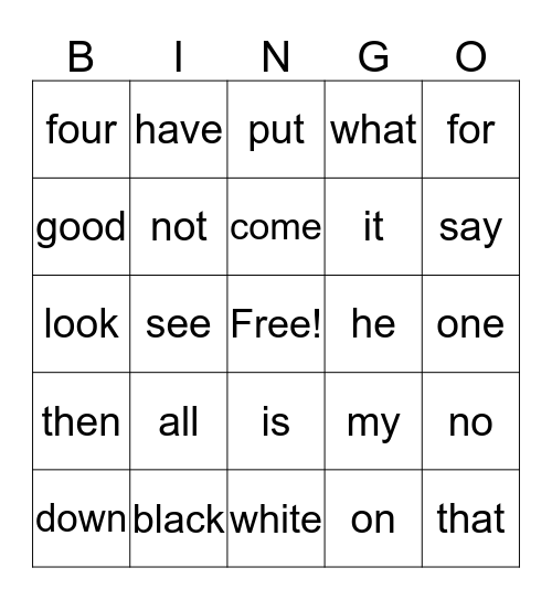 Sight Words Bingo Card