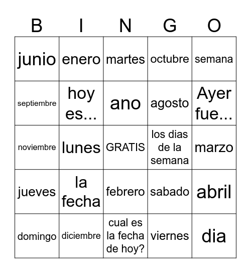 La fecha/the date Bingo Card
