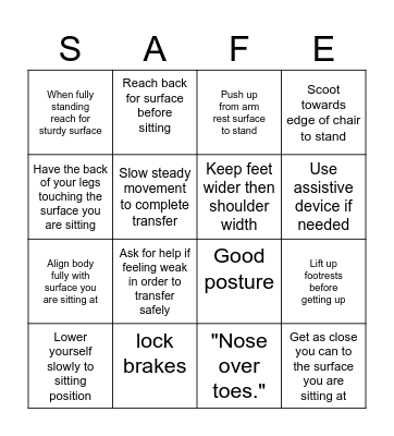 Transfer Safety Bingo Card