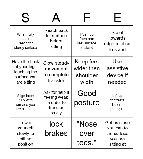 Transfer Safety Bingo Card