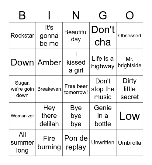 All Out 00's Bingo Card