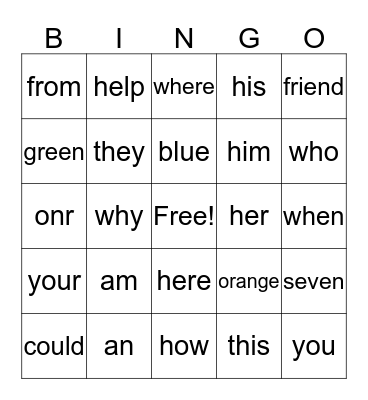 Sight Words Bingo Card