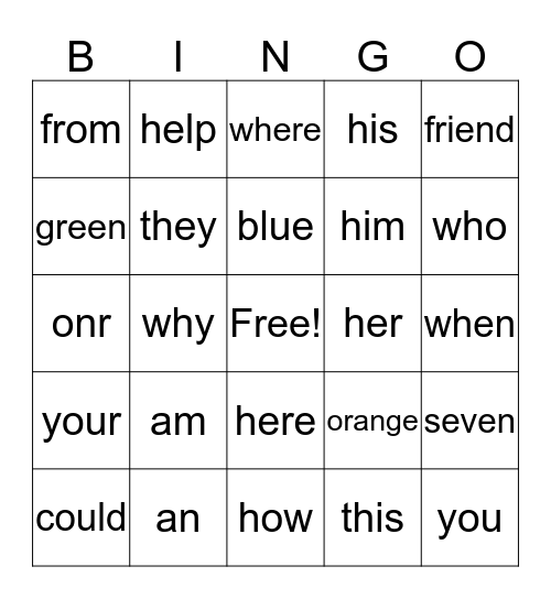 Sight Words Bingo Card