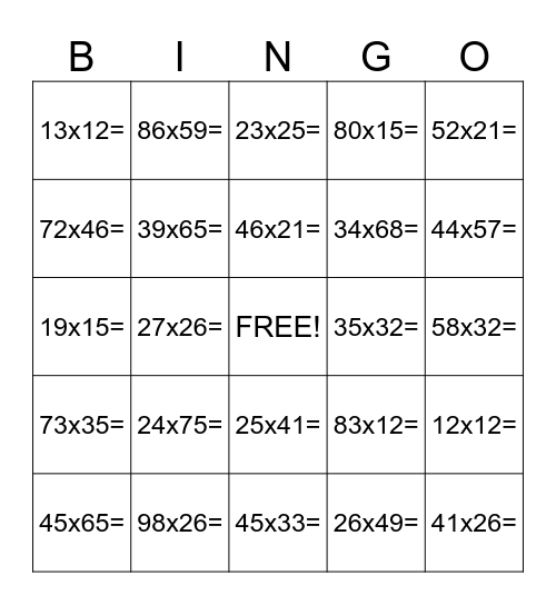 Double Digit Multiplication Bingo Card