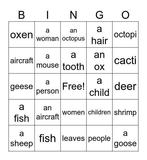 Irregular Plurals Bingo Card