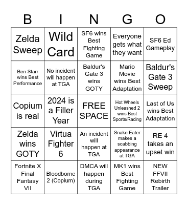 The Game Awards 2023 Bingo Card
