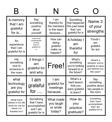 Gratitude Bingo Card