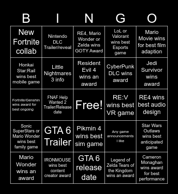 Game Awards 2023 Bingo Card