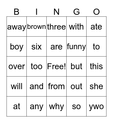 Sight Words Bingo Card