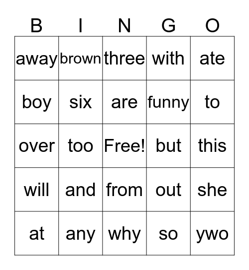Sight Words Bingo Card