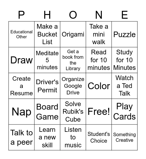 Anything but your Phone Bingo Card