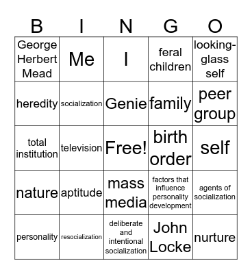 "Socialization" Bingo Card