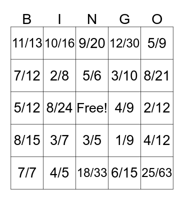 Add, Subt, Mult, Fractions Bingo Card