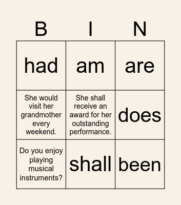 Helping Verbs Bingo Card