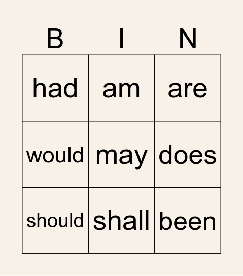 Helping Verbs Bingo Card