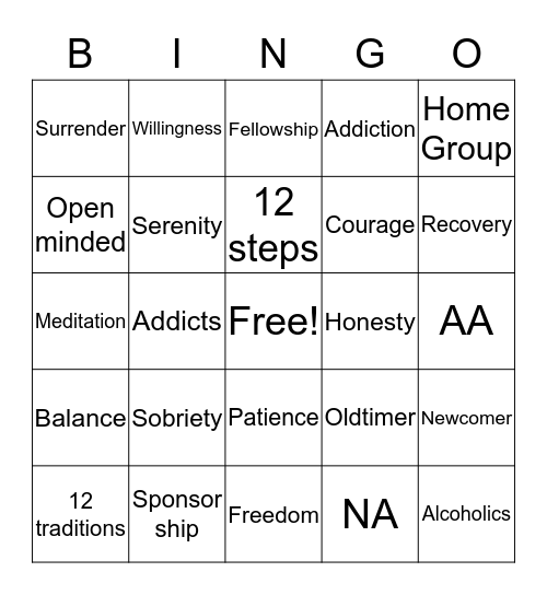 Recovery Bingo Card