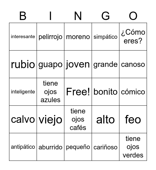 Unidad 3 Vocab 2 Adjs 2023 Bingo Card