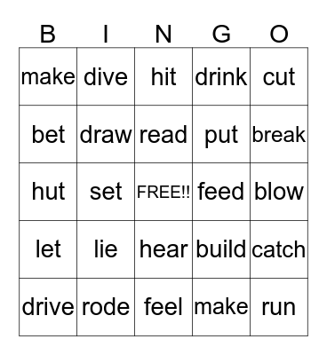 Irregular Verbs Bingo Card
