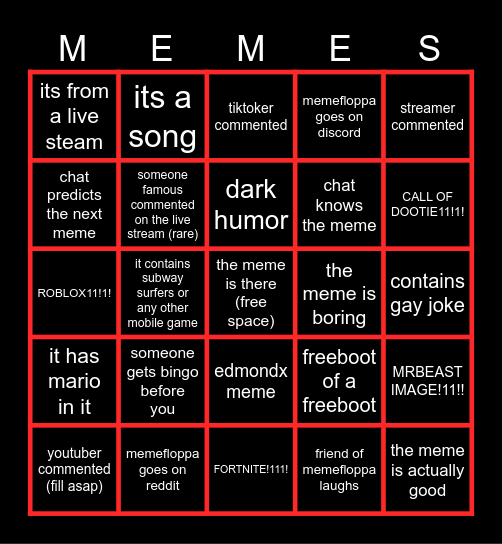 MemeBingopla - fill in the space once seen! Bingo Card