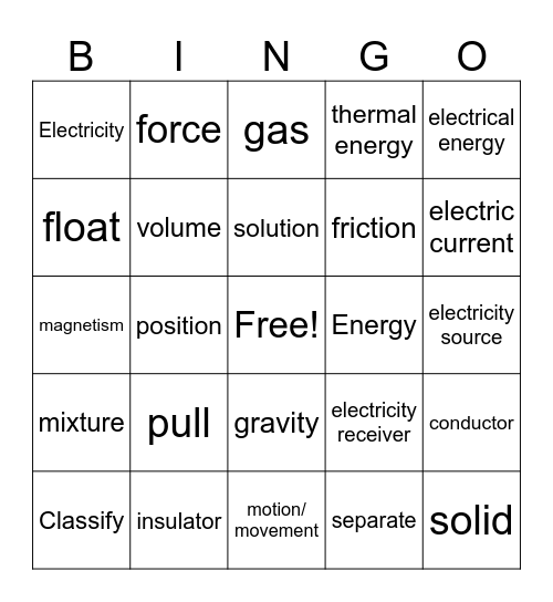 Matter, Force, Motion & Energy Bingo Card