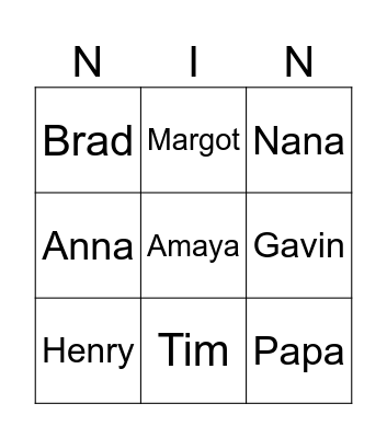 Family Bingo Card