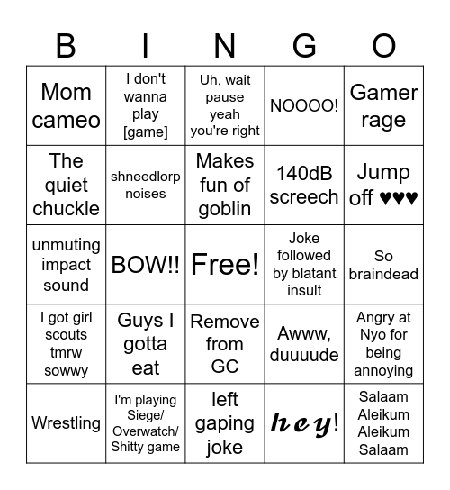 shneed Bingo Card