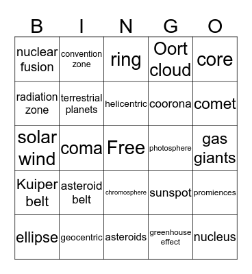 Astronomy Bingo Card
