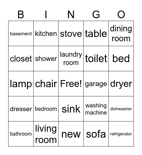 Furniture & Appliances Bingo Card