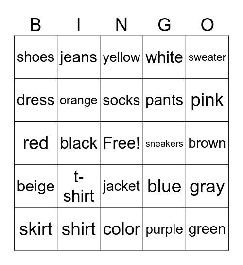 Clothes Bingo Card