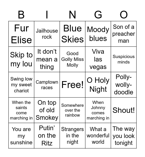 Name that Tune Bingo Card