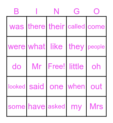Sight Words Bingo Card