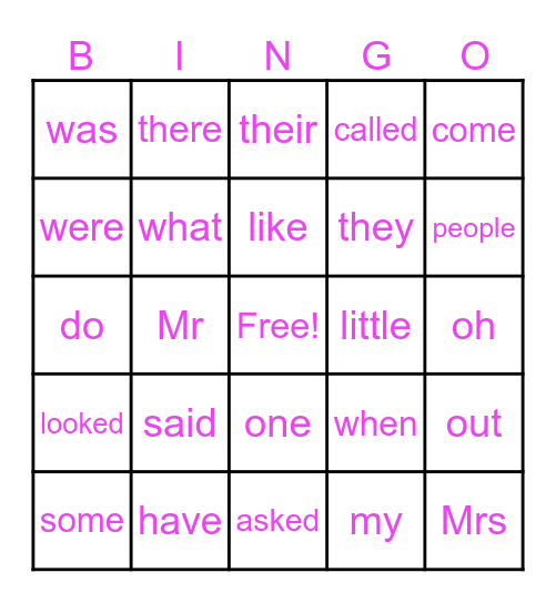 Sight Words Bingo Card