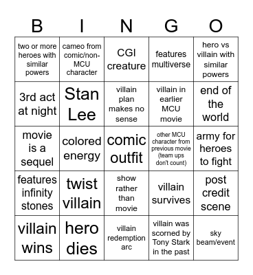 Marvel movie tropes Bingo Card