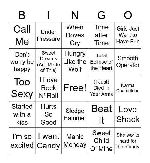 80s Music Bingo Card