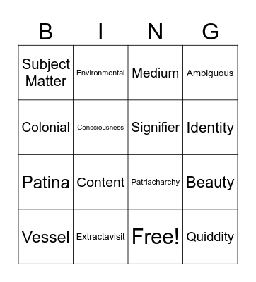 Caitlin and Cole's art jargon Bingo Card