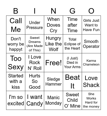 80s Music Bingo Card