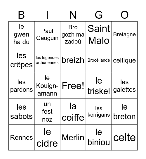la culture bretonne Bingo Card