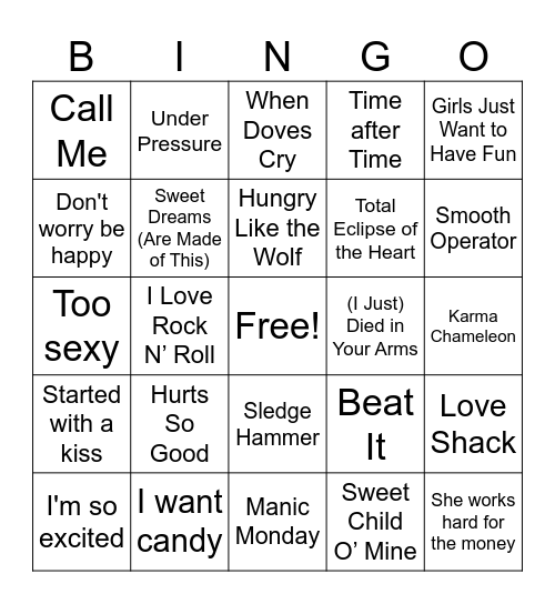 80s Music Bingo Card