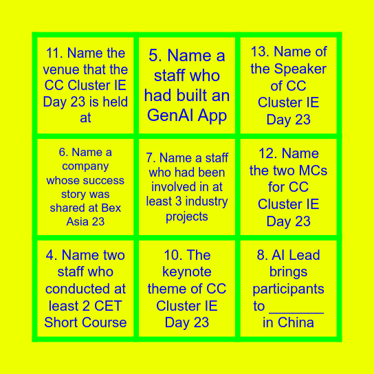 CC Cluster IE Day 23 Bingo Card