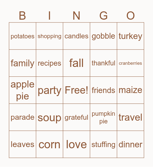 TSP Thanksgiving Bingo Card