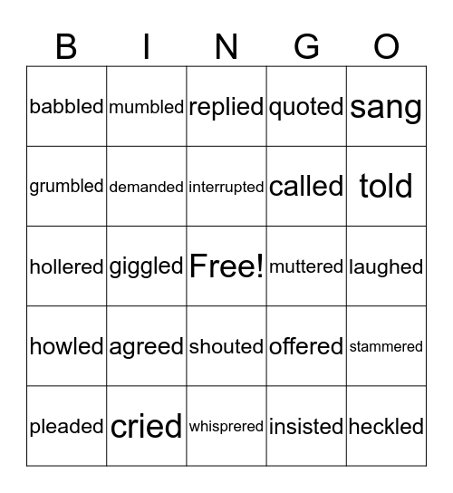 100 Ways to Say "SAID" Bingo Card