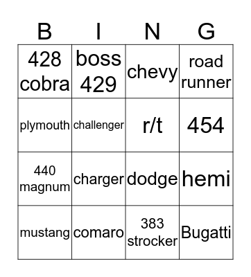 cars Bingo Card