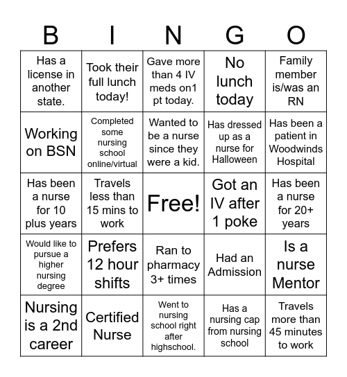 Get to know a Nurse! Bingo Card