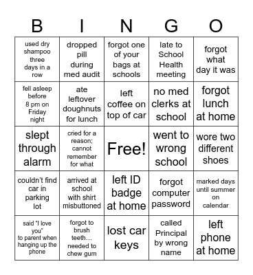 2. Stressed School Nurse Bingo Card