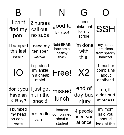 SCHOOL NURSE BINGO! Bingo Card