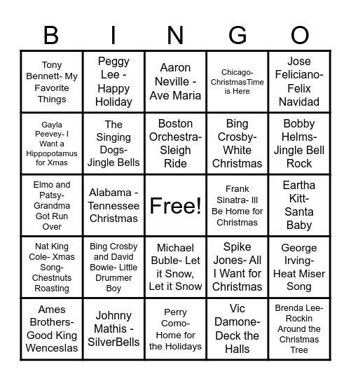 Christmas Tunes Bingo Card