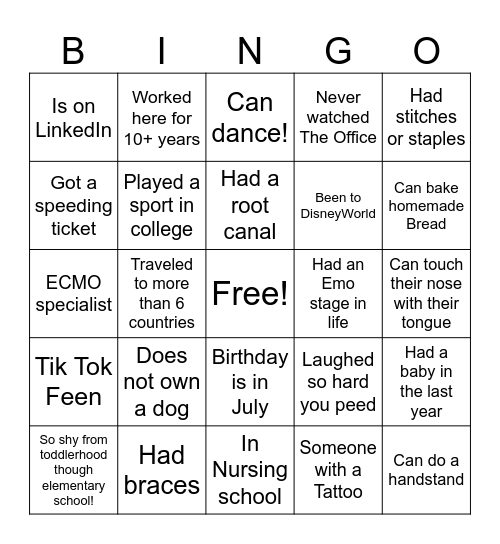 Find a NURSE who... Bingo Card